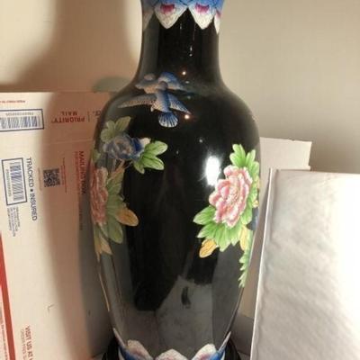 Very Large Vintage Chinese Import 24" Decorative Vase with Wooden Base Preowned from an Estate. Very Good Condition.