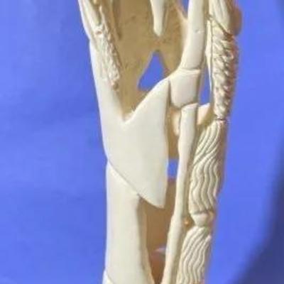 Vintage Israeli Hand Carved Bone Shepherd/Sheep Vase by Uchitel 12" Tall in VG Preowned Condition.