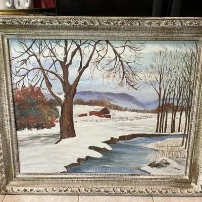 Folk Art Oil on Artist Board Landscape 1965 by Jean K. Glover Home Made Frame 27" x 33" The Creek at Gargas Road Montgomery Co...