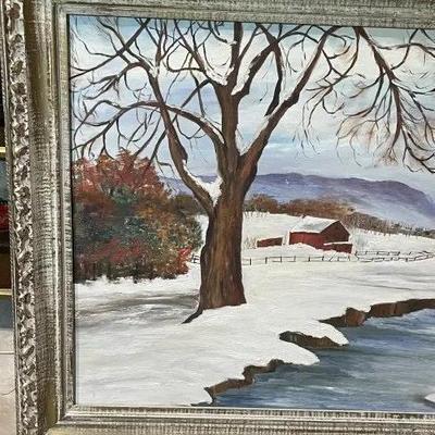 Folk Art Oil on Artist Board Landscape 1965 by Jean K. Glover Home Made Frame 27" x 33" The Creek at Gargas Road Montgomery Co...