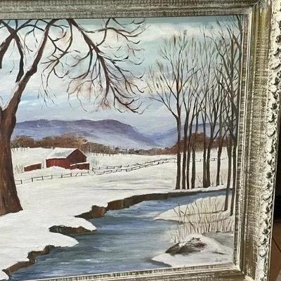 Folk Art Oil on Artist Board Landscape 1965 by Jean K. Glover Home Made Frame 27" x 33" The Creek at Gargas Road Montgomery Co...