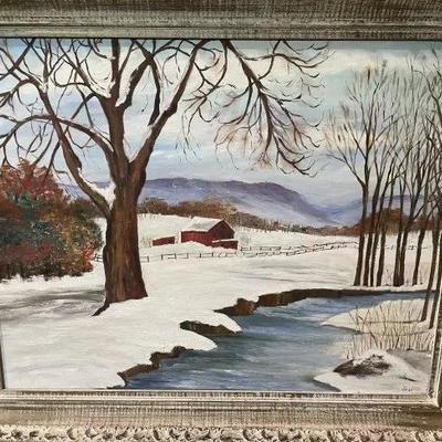 Folk Art Oil on Artist Board Landscape 1965 by Jean K. Glover Home Made Frame 27" x 33" The Creek at Gargas Road Montgomery Co...