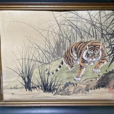 Vintage Asian Tiger Watercolor on a Silk Coated Painting Frame Size 11" x 13.25" Preowned from an Estate.