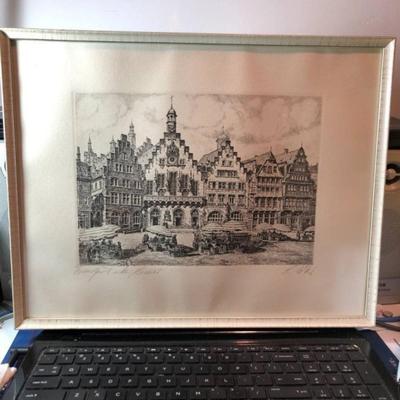 Germany Frankfurt Original Etching Print, Frame Size 12.75" x 16" Hand Pencil Signed Preowned from an Estate.