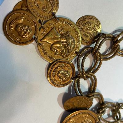 Vintage Mid-Century Brass Ancient Coin Style Necklace 19" & Charm Bracelet 7.5" in Good Preowned Condition.