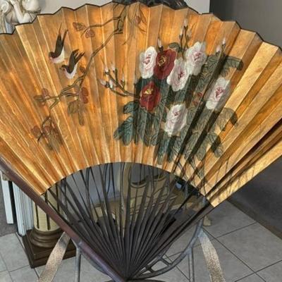 Vintage Asian Large 50" x 36" Hand Painted Rice Paper Wall Decor Fan in Good Preowned Condition.