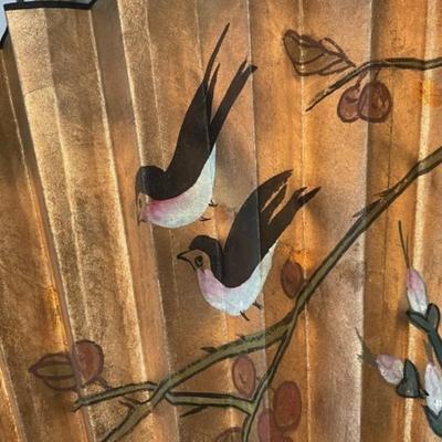 Vintage Asian Large 50" x 36" Hand Painted Rice Paper Wall Decor Fan in Good Preowned Condition.