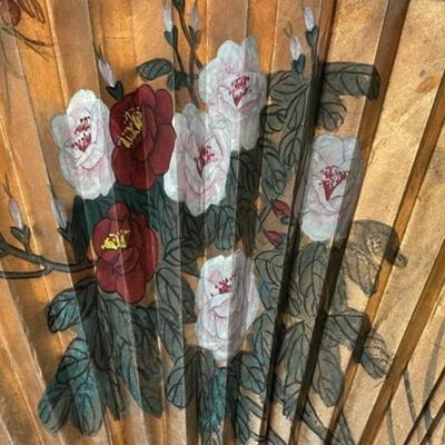 Vintage Asian Large 50" x 36" Hand Painted Rice Paper Wall Decor Fan in Good Preowned Condition.