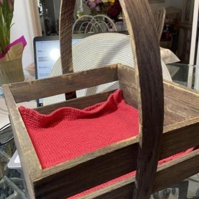 Vintage/Antique Wooden Crate Basket w/Curved Wood Handle 12" x 12" x 13" Tall in Good Preowned Condition.
