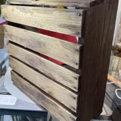 Vintage/Antique Wooden Crate Basket w/Curved Wood Handle 12" x 12" x 13" Tall in Good Preowned Condition.