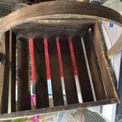 Vintage/Antique Wooden Crate Basket w/Curved Wood Handle 12" x 12" x 13" Tall in Good Preowned Condition.