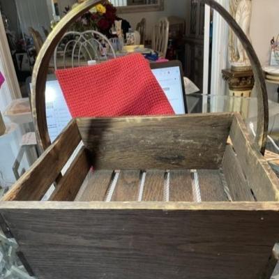 Vintage/Antique Wooden Crate Basket w/Curved Wood Handle 12" x 12" x 13" Tall in Good Preowned Condition.