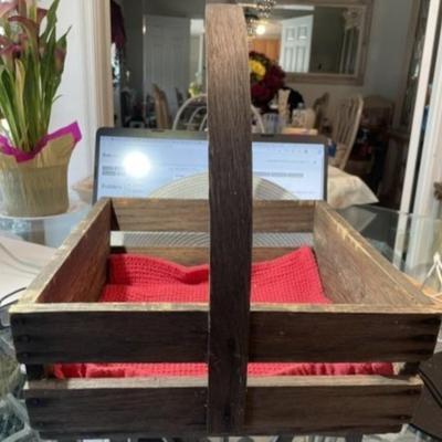 Vintage/Antique Wooden Crate Basket w/Curved Wood Handle 12" x 12" x 13" Tall in Good Preowned Condition.