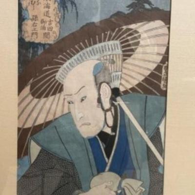 2-Vintage Japanese Signed Woodblocks Artwork in 1-Frame 21" x 28.5" Frame in Good Preowned Condition from an Estate.
