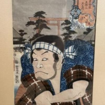 2-Vintage Japanese Signed Woodblocks Artwork in 1-Frame 21" x 28.5" in Fair-Good Preowned Condition from an Estate. (Frame...