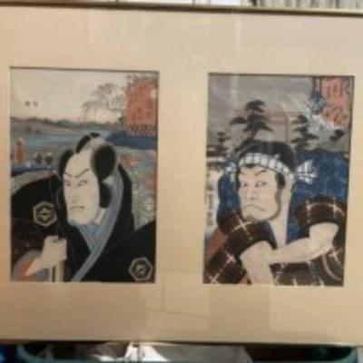 2-Vintage Japanese Signed Woodblocks Artwork in 1-Frame 21" x 28.5" in Fair-Good Preowned Condition from an Estate. (Frame...