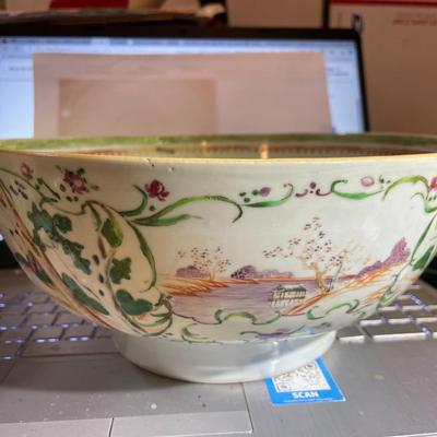Chinese Porcelain Believed to be Ming Dynasty Hand Painted 10.25" Diameter Bowl Stapled & Glued as Pictured.