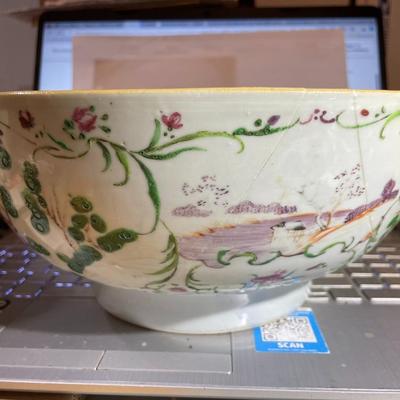 Chinese Porcelain Believed to be Ming Dynasty Hand Painted 10.25" Diameter Bowl Stapled & Glued as Pictured.