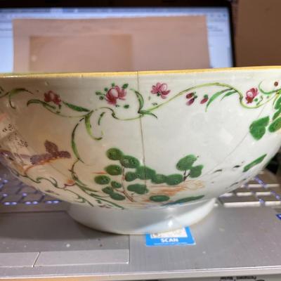 Chinese Porcelain Believed to be Ming Dynasty Hand Painted 10.25" Diameter Bowl Stapled & Glued as Pictured.