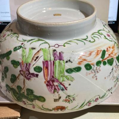 Chinese Porcelain Believed to be Ming Dynasty Hand Painted 10.25" Diameter Bowl Stapled & Glued as Pictured.