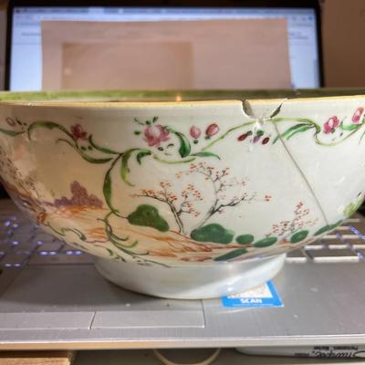 Chinese Porcelain Believed to be Ming Dynasty Hand Painted 10.25" Diameter Bowl Stapled & Glued as Pictured.