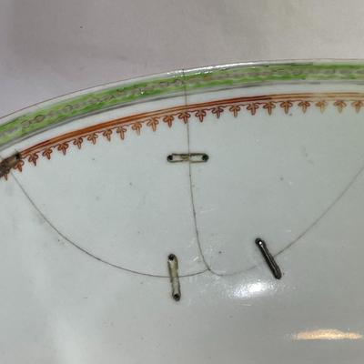 Chinese Porcelain Believed to be Ming Dynasty Hand Painted 10.25" Diameter Bowl Stapled & Glued as Pictured.