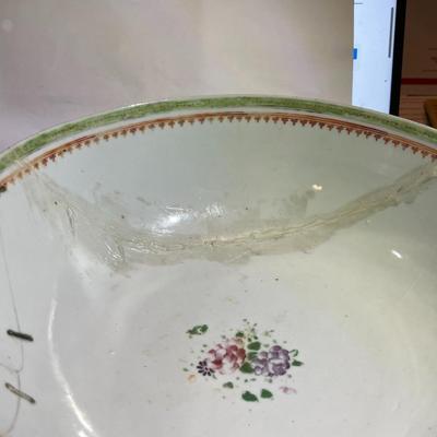 Chinese Porcelain Believed to be Ming Dynasty Hand Painted 10.25" Diameter Bowl Stapled & Glued as Pictured.
