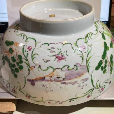 Chinese Porcelain Believed to be Ming Dynasty Hand Painted 10.25" Diameter Bowl Stapled & Glued as Pictured.