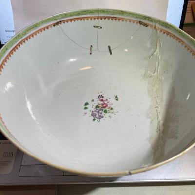 Chinese Porcelain Believed to be Ming Dynasty Hand Painted 10.25" Diameter Bowl Stapled & Glued as Pictured.