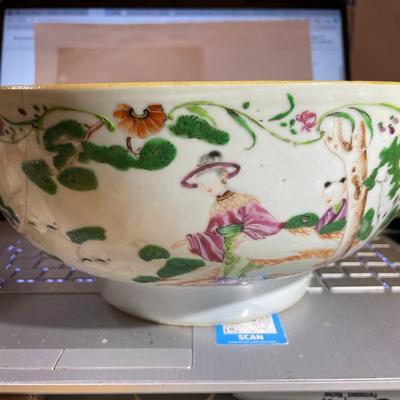 Chinese Porcelain Believed to be Ming Dynasty Hand Painted 10.25" Diameter Bowl Stapled & Glued as Pictured.