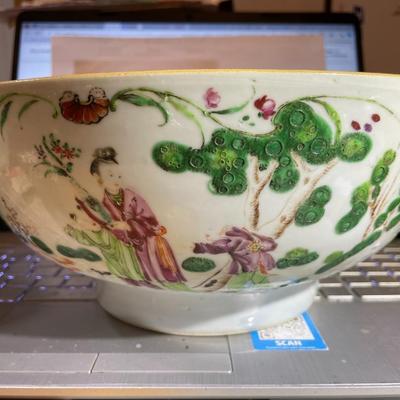 Chinese Porcelain Believed to be Ming Dynasty Hand Painted 10.25" Diameter Bowl Stapled & Glued as Pictured.