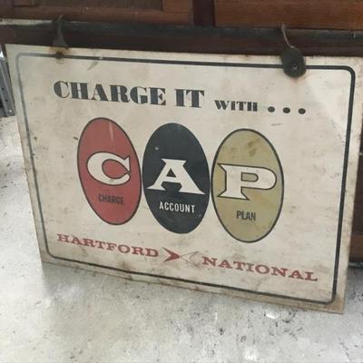 1960s charge card metal sign double sided with original steel hanger 