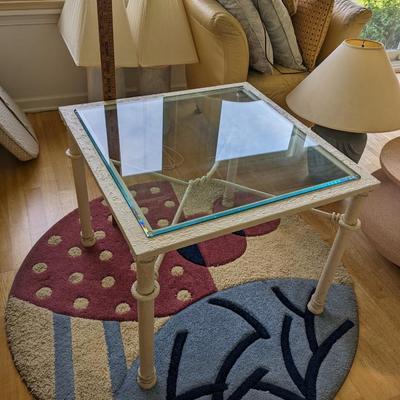 Ethan Allen Glass Top Cocktail Table on Forged Metal Frame in Cream
