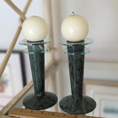 Milano Green Marble and Lucite Candle Holders