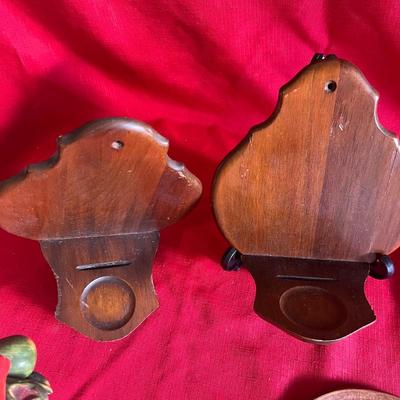 Two wooden wall shelves for candles, along with table decor, one small chip on the candle holder it is included