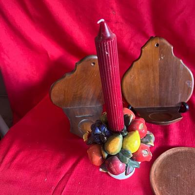 Two wooden wall shelves for candles, along with table decor, one small chip on the candle holder it is included
