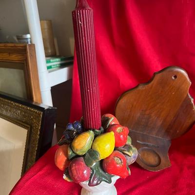 Two wooden wall shelves for candles, along with table decor, one small chip on the candle holder it is included