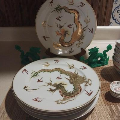 ASIAN THEMED DISHES AND DRAGON FIGURINES