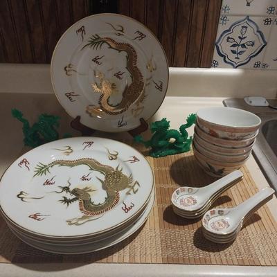 ASIAN THEMED DISHES AND DRAGON FIGURINES