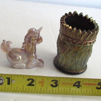 Indian Head Carnival Glass Toothpick Holder and Small Boyd Glass Unicorn