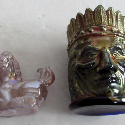 Indian Head Carnival Glass Toothpick Holder and Small Boyd Glass Unicorn