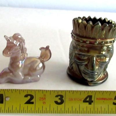 Indian Head Carnival Glass Toothpick Holder and Small Boyd Glass Unicorn