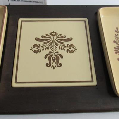 Vintage Pfaltzgraff Village Pattern Cheese and Cracker Tray, Wood Base, Signed