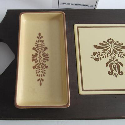 Vintage Pfaltzgraff Village Pattern Cheese and Cracker Tray, Wood Base, Signed