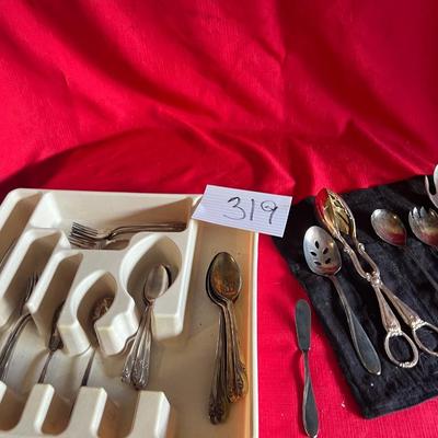Random silverware with holder and silver plated serving utensils