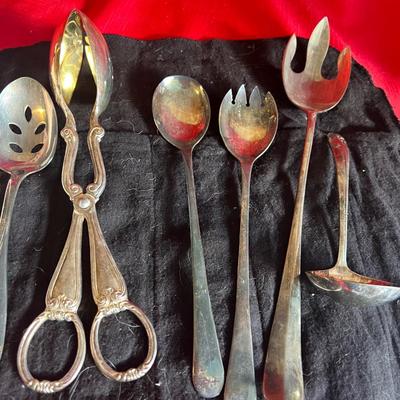 Random silverware with holder and silver plated serving utensils