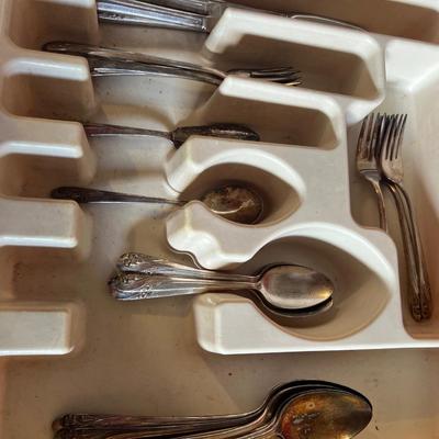Random silverware with holder and silver plated serving utensils