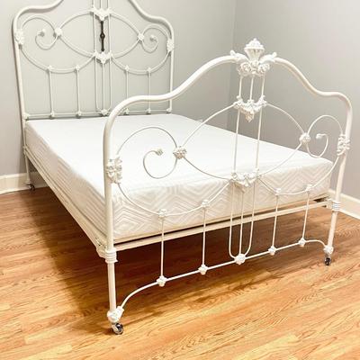 Vtg. White Iron Full Size Bed With Mattress