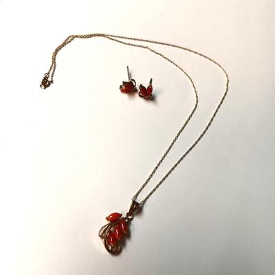 14K AND CORAL NECKLACE AND PIERCED EARRINGS