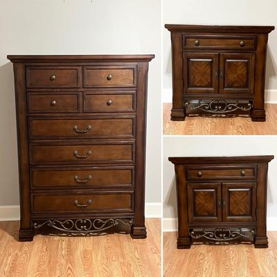 COLLEZIONE EUROPA ~ Three (3) Piece Set ~ Solid Wood & Metal Design Tall Chest & Nightstands